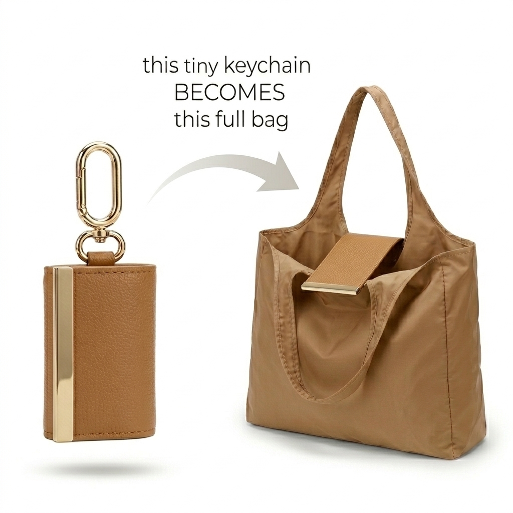 TAWY keychain tote — unfolding into full-size tote